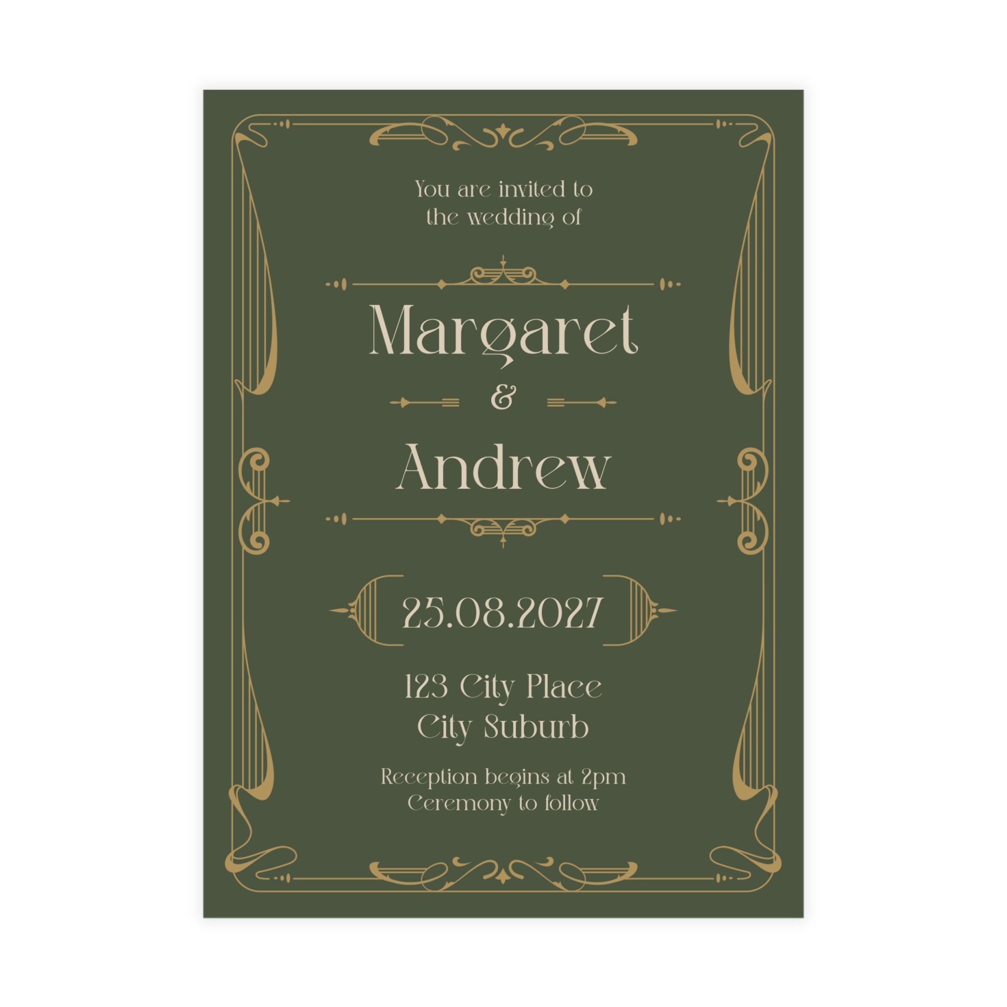 Green Art Nouveau Wedding Invitation | Customizable Flat Card Pack (10, 30, 50 Count)