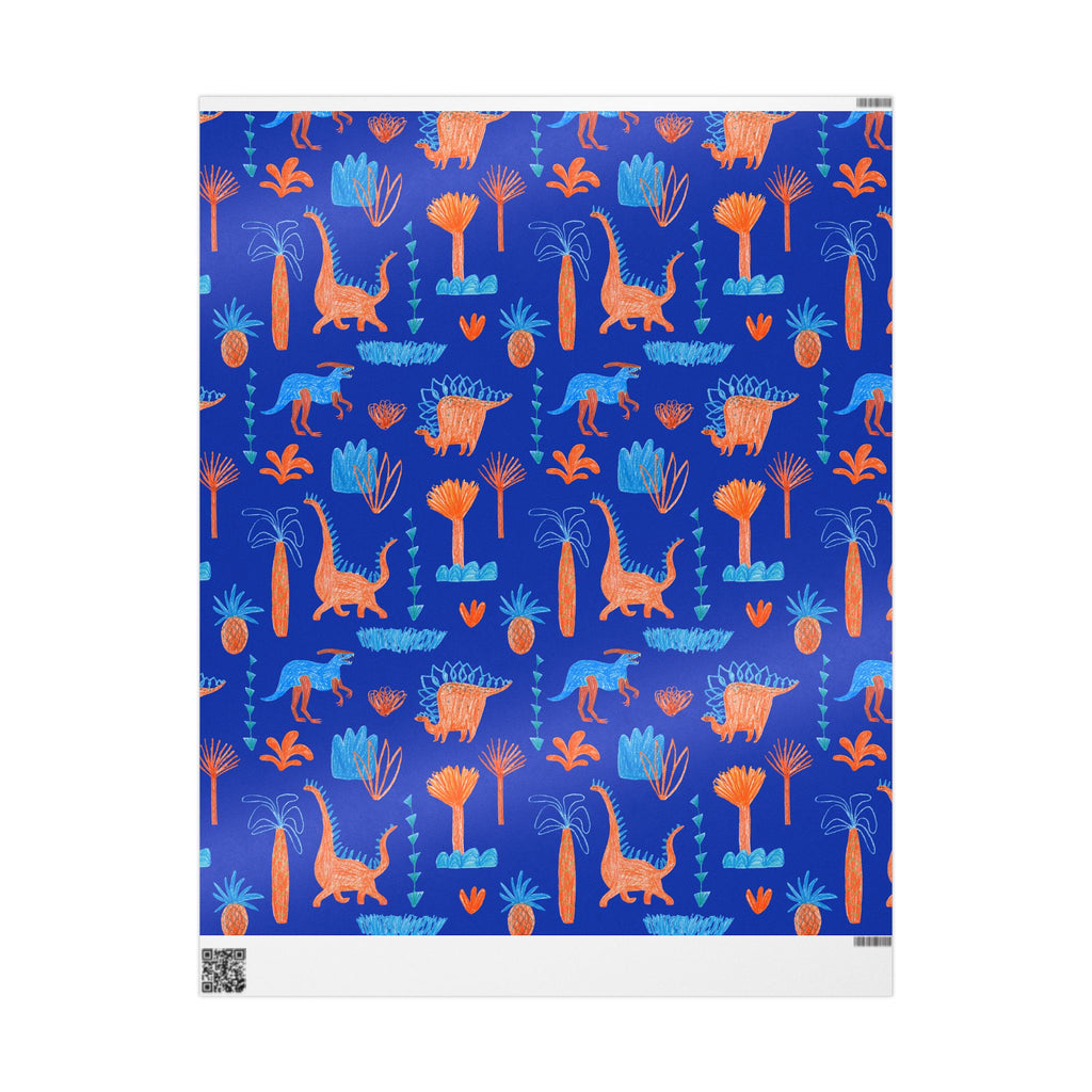 Dino Jungle Wrapping Paper — Blue & Orange Dinosaur Gift Wrap
