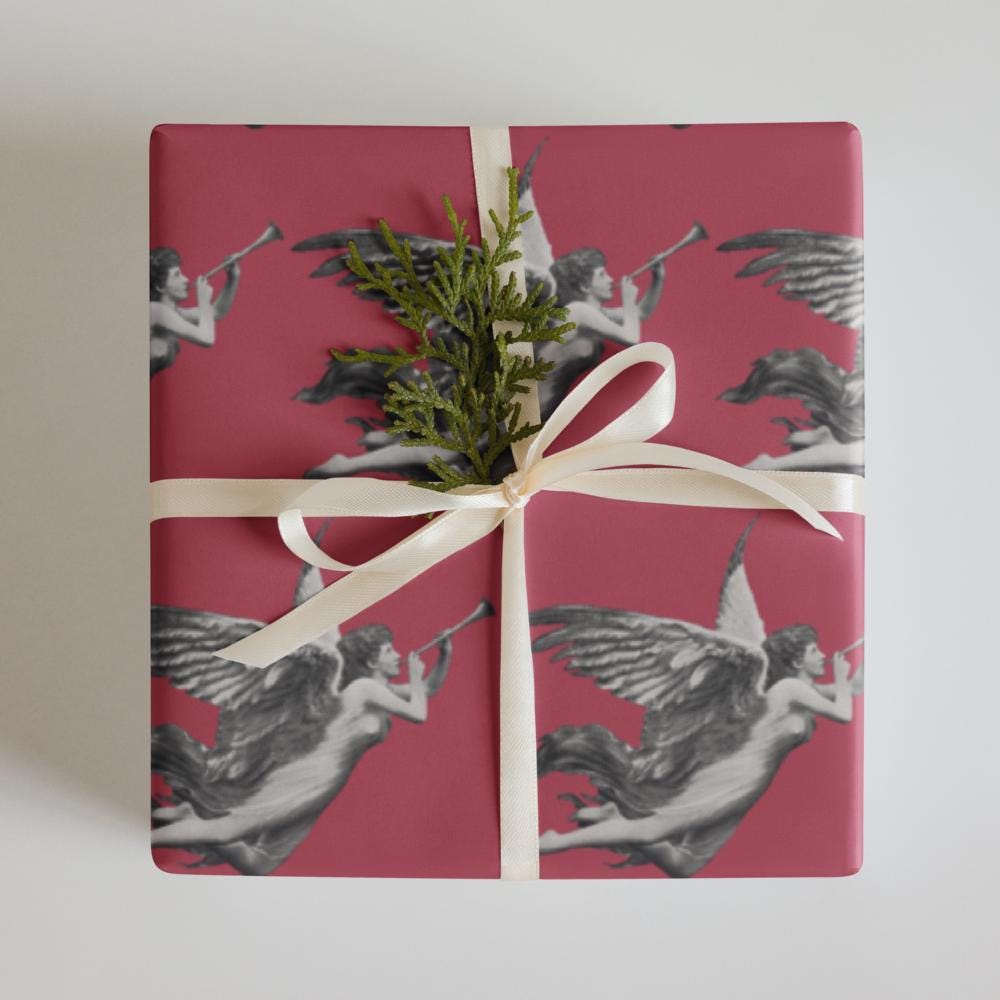 Vintage Cherub Wrapping Paper - Rose Pink Angel Design, Matte Finish (Set of 3 Sheets)