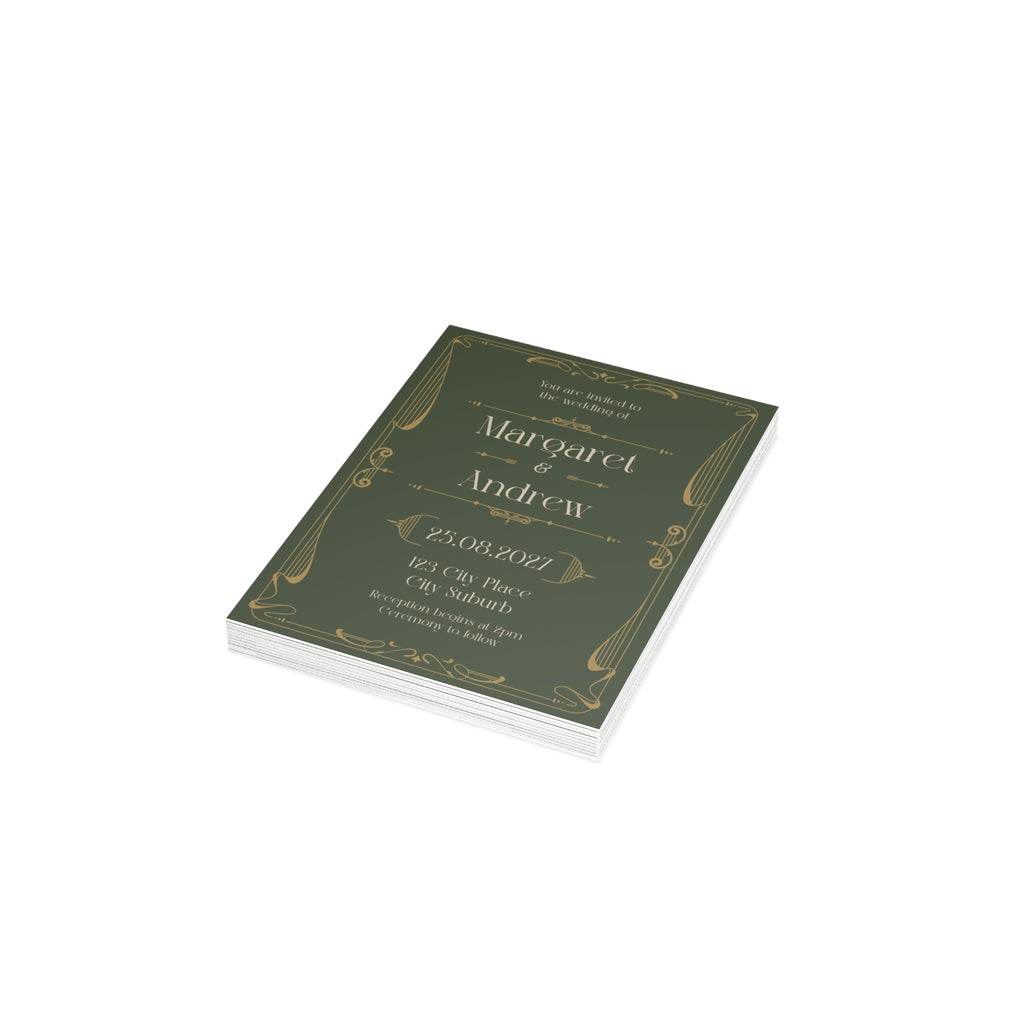 Green Art Nouveau Wedding Invitation | Customizable Flat Card Pack (10, 30, 50 Count)