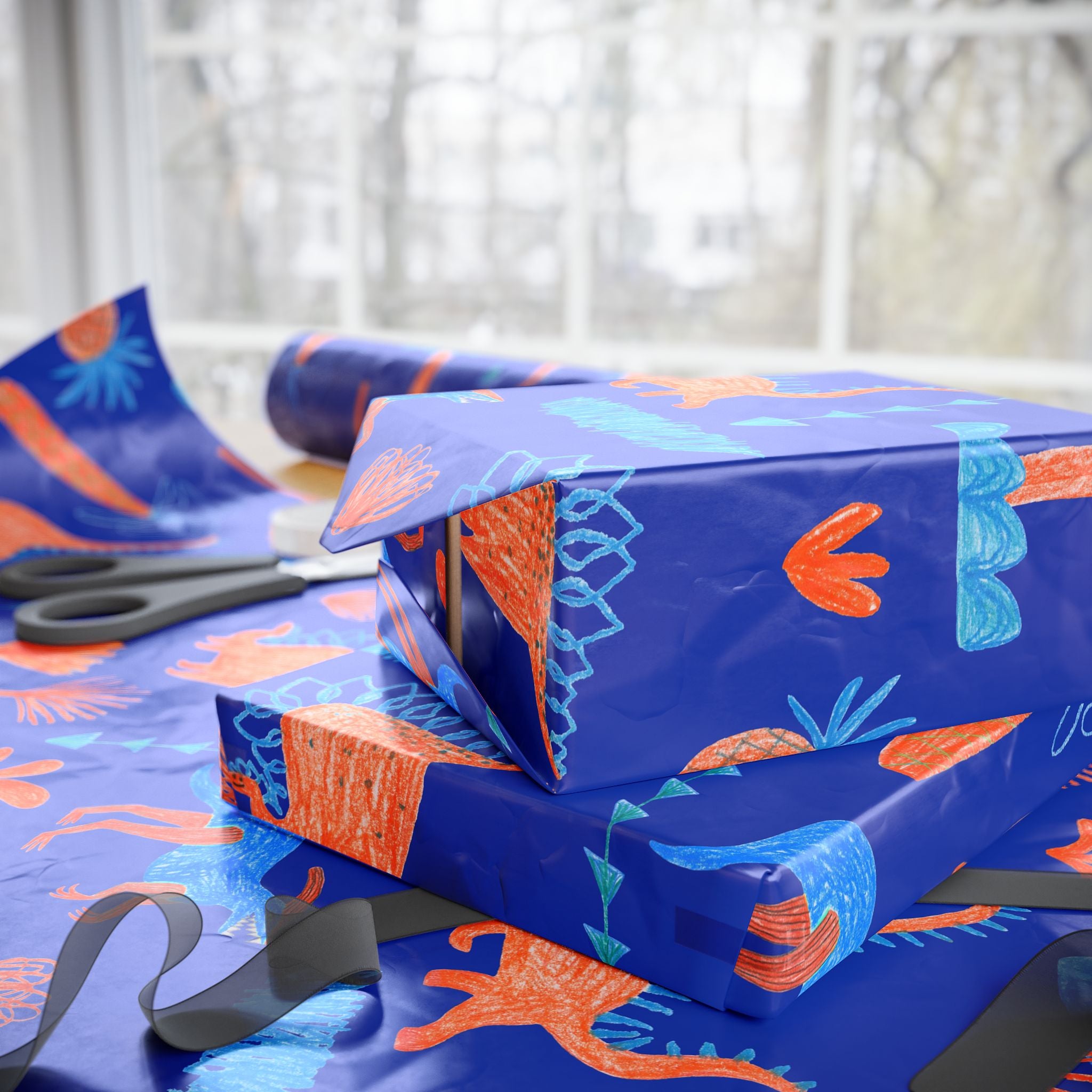 Dino Jungle Wrapping Paper — Blue & Orange Dinosaur Gift Wrap