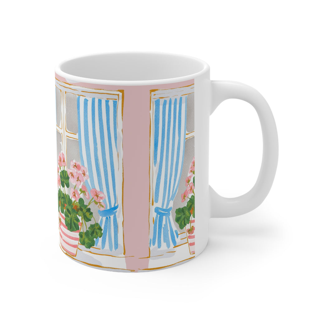 Floral Window Coffee Mug — Pink Geraniums & Blue Curtains (11oz/15oz)