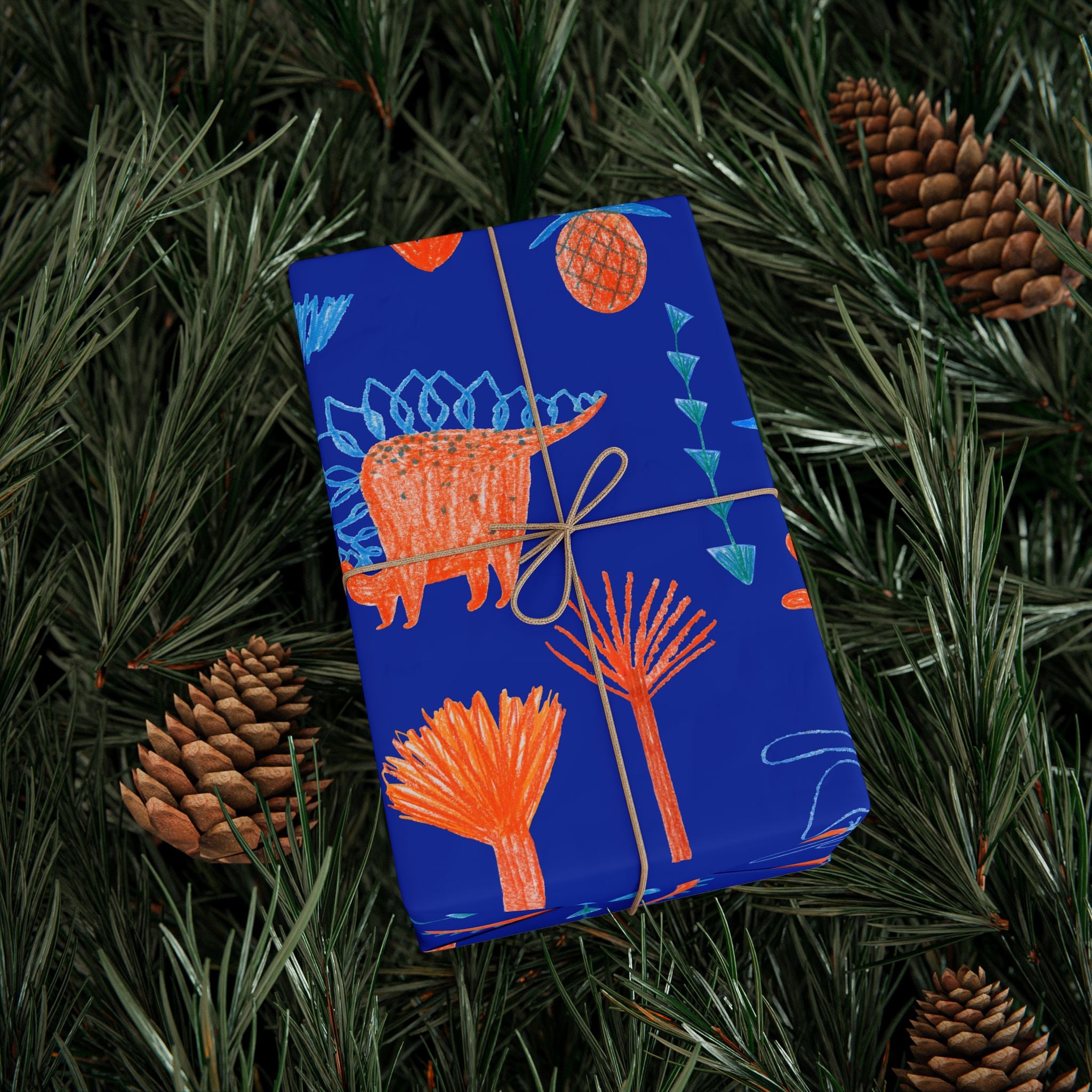 Dino Jungle Wrapping Paper — Blue & Orange Dinosaur Gift Wrap