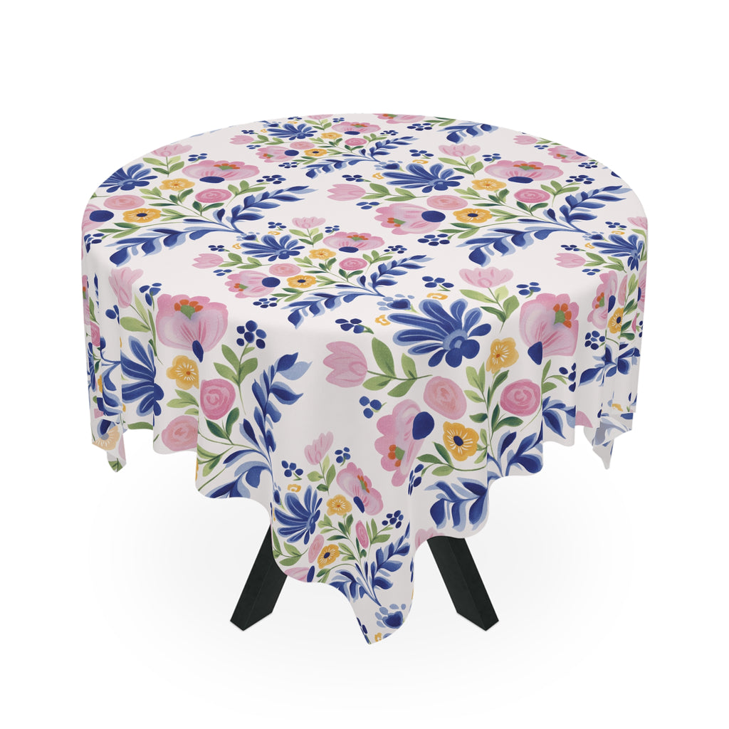 Floral Folk Art Tablecloth — Pink & Blue Garden Pattern