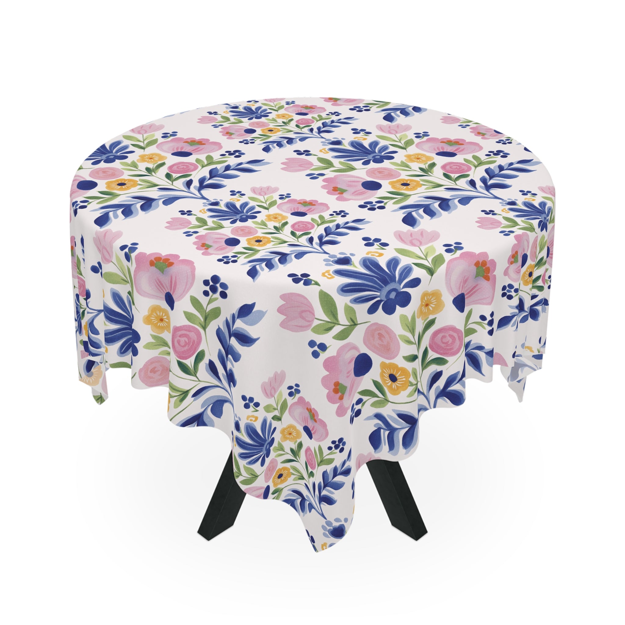 Floral Folk Art Tablecloth — Pink & Blue Garden Pattern