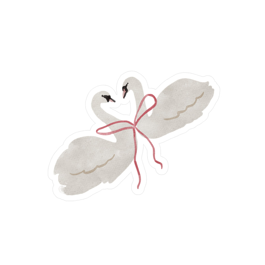Swan Heart Vinyl Sticker — Kiss-Cut Romantic Swan Pair with Pink Ribbon