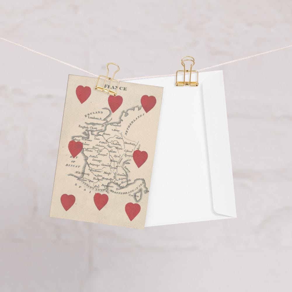 Vintage France Map Greeting Card – Romantic Antique Cartography Card