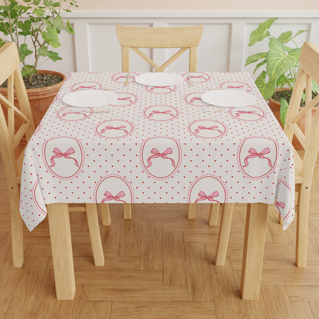 Pink Bow Polka Dot Tablecloth — Vintage Romantic Dining Linen