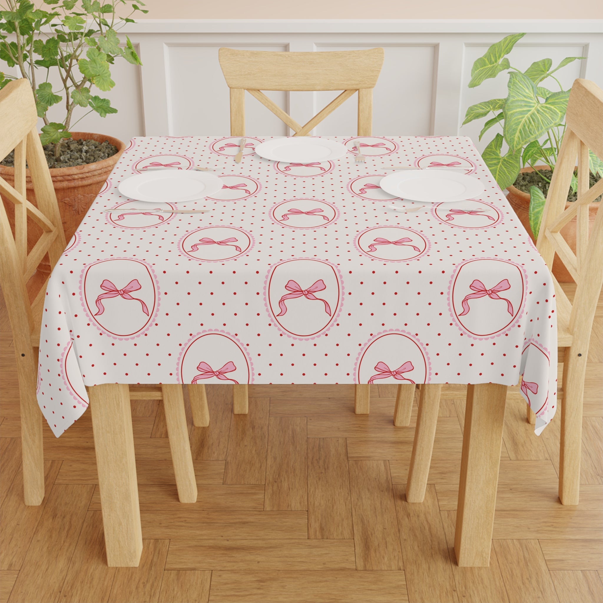 Pink Bow Polka Dot Tablecloth — Vintage Romantic Dining Linen