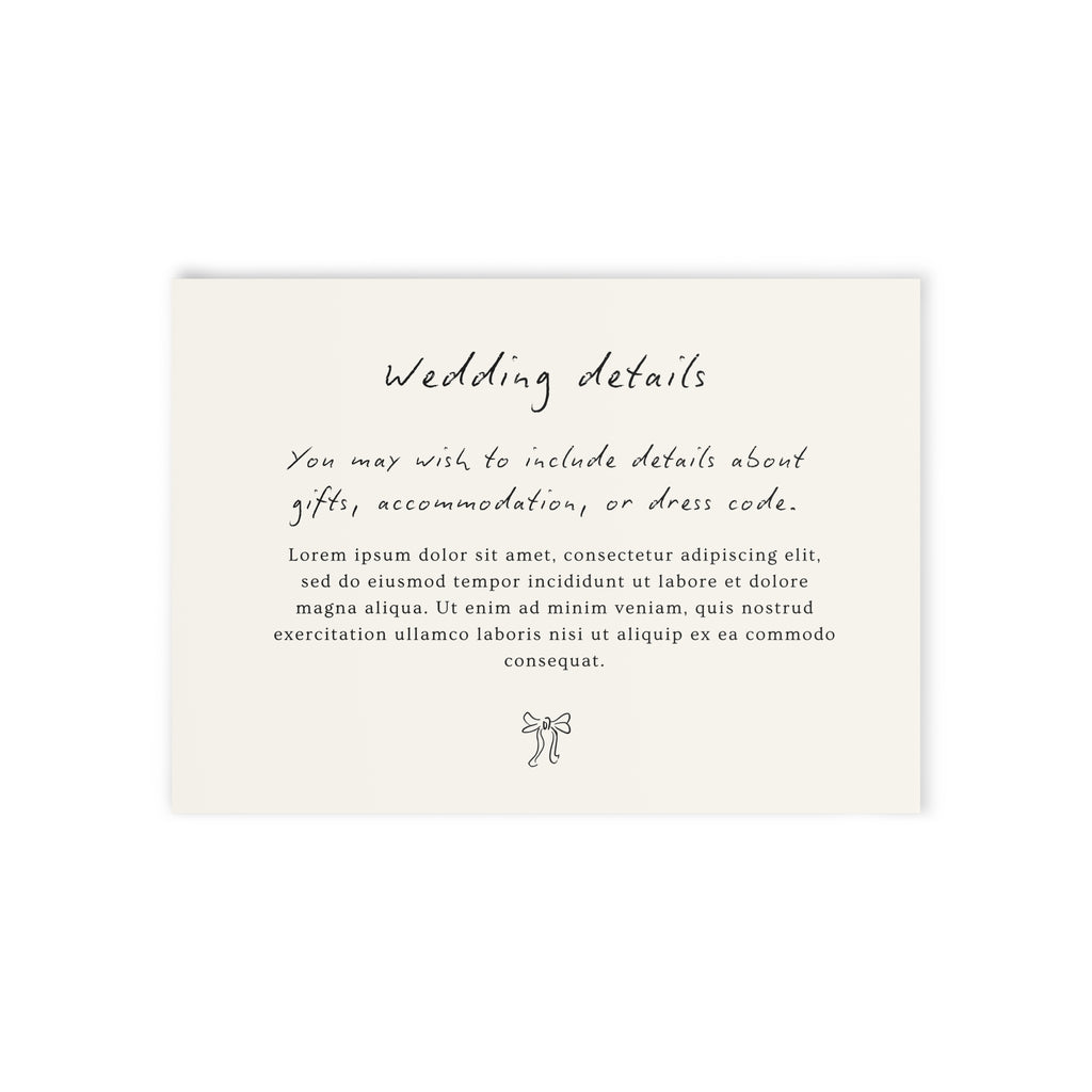 Minimalist Wedding Details Card – Two-Sided Holiday/Wedding Invitation with Floral Cake Illustration