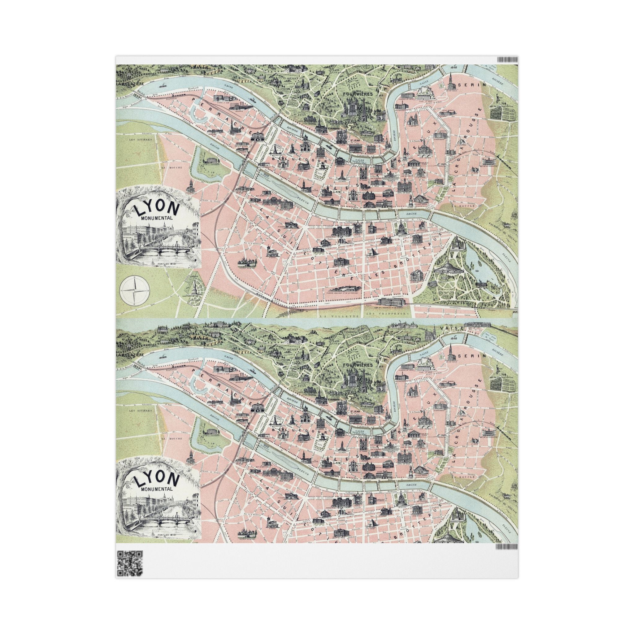Wrapping Paper, Lyon City Map Gift Wrap, Vintage French Cartography Design