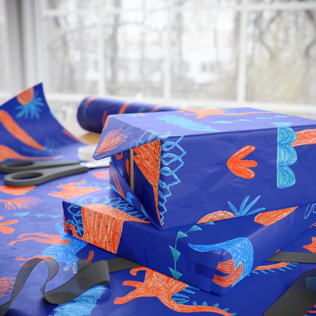 Dino Jungle Wrapping Paper — Blue & Orange Dinosaur Gift Wrap