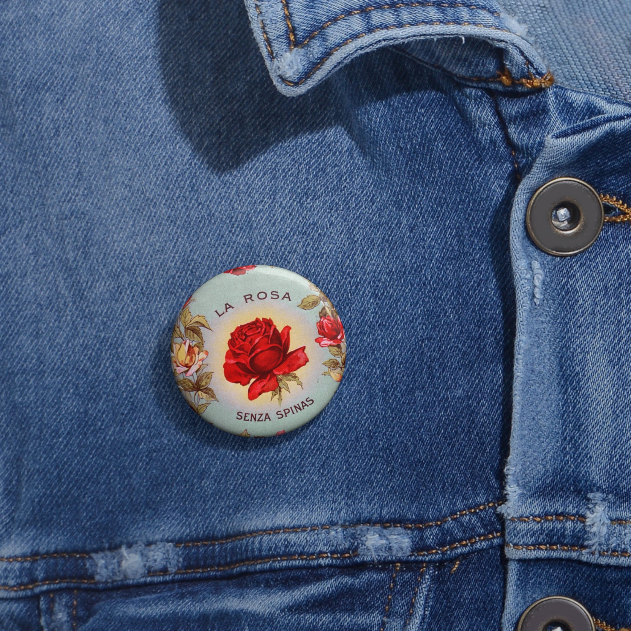 Pin Button, Vintage Rose Badge, “La Rosa Senza Spinas” Floral Pin