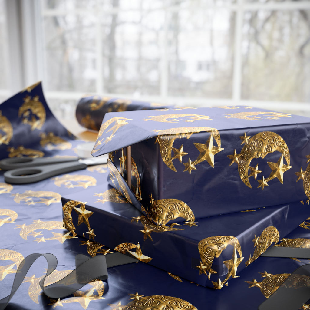 Celestial Gold Moon Wrapping Paper Roll — Navy Gift Wrap with Ornate Stars