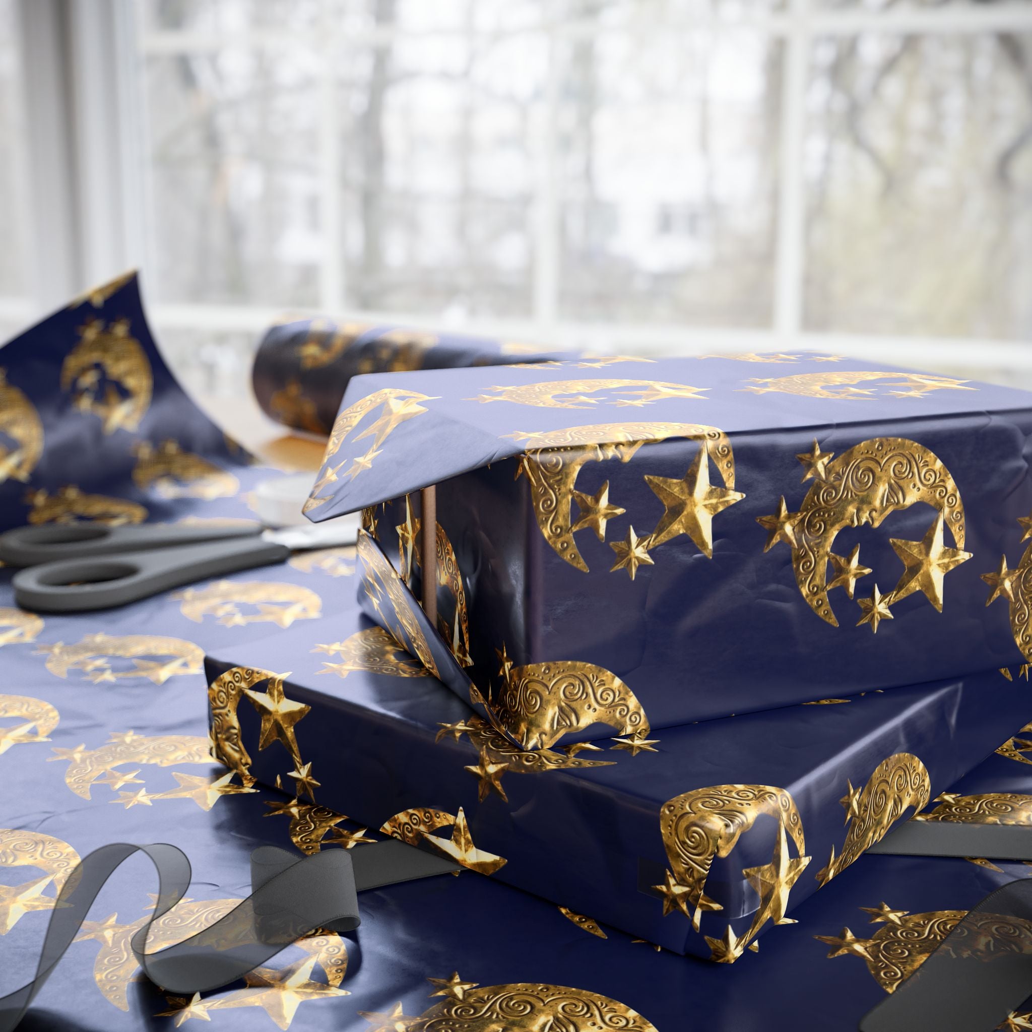 Celestial Gold Moon Wrapping Paper Roll — Navy Gift Wrap with Ornate Stars