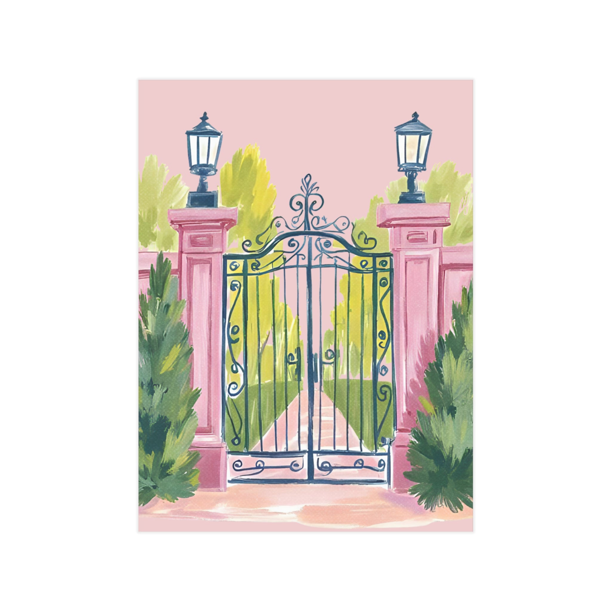 Pink Garden Gate Art Print — Pastel Gatehouse Wall Decor