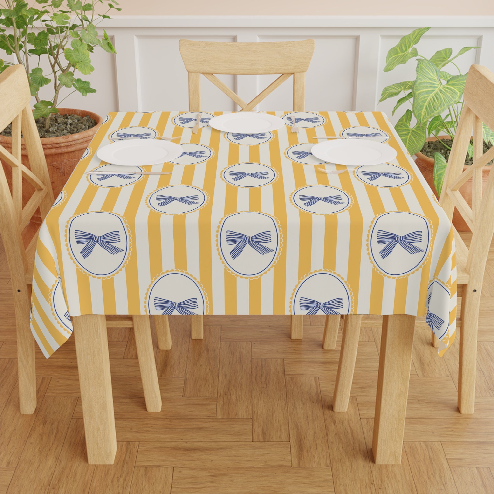 Striped Yellow Bow Tablecloth — Vintage-Inspired Decorative Table Cover for Tea Parties & Everyday Dining