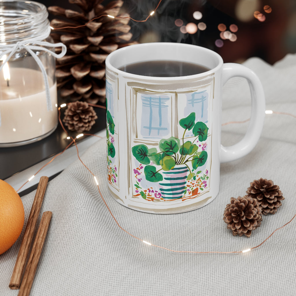 Botanical Window Coffee Mug — Potted Plant Illustration Ceramic Cup (11oz & 15oz)
