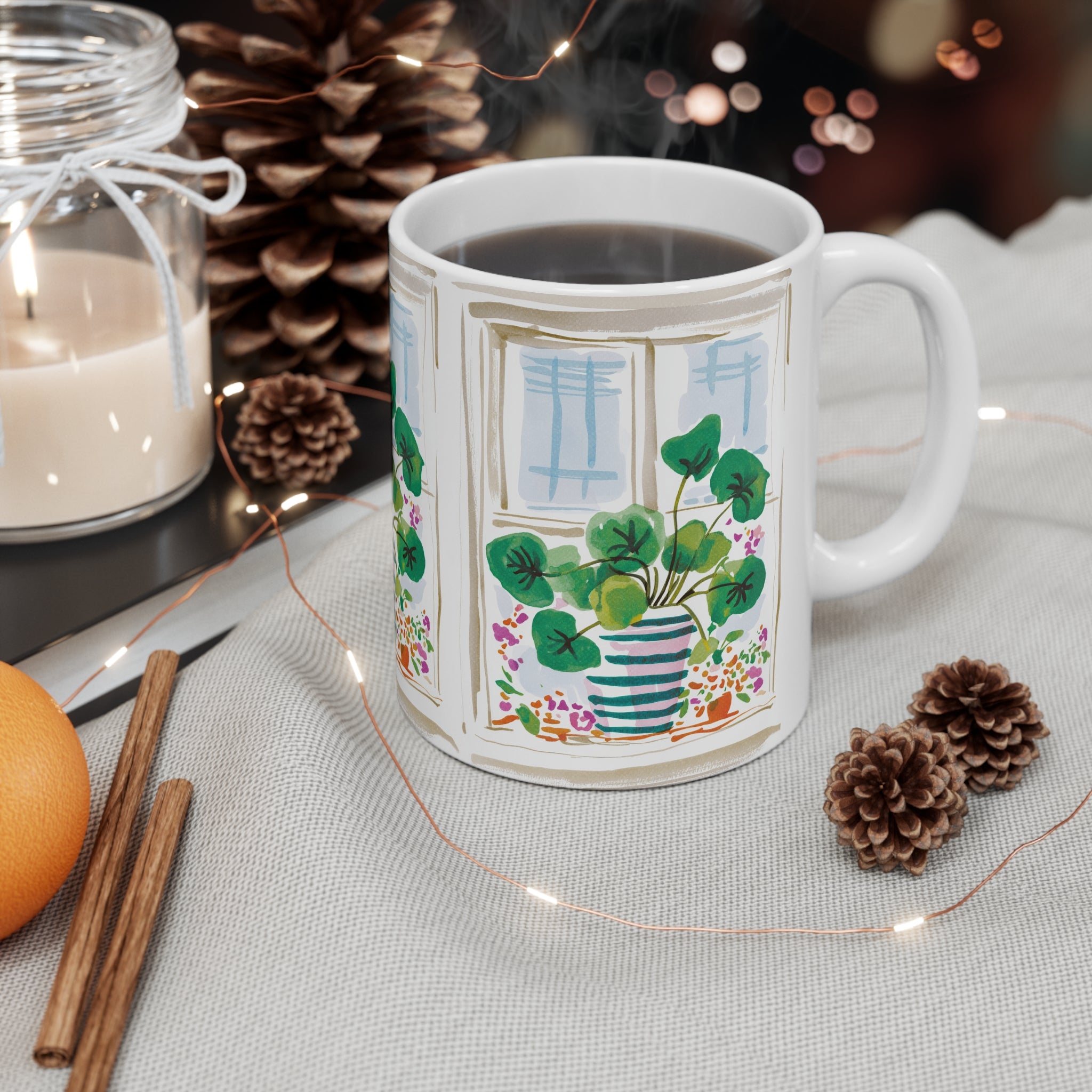 Botanical Window Coffee Mug — Potted Plant Illustration Ceramic Cup (11oz & 15oz)