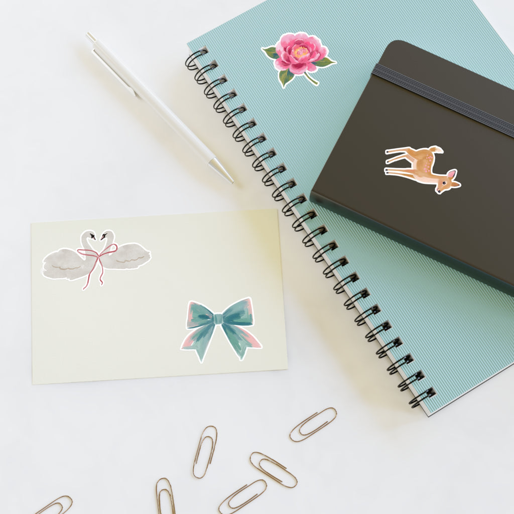 Sticker Sheets — Watercolor Deer, Peony, Swan Hearts & Pastel Bow Set