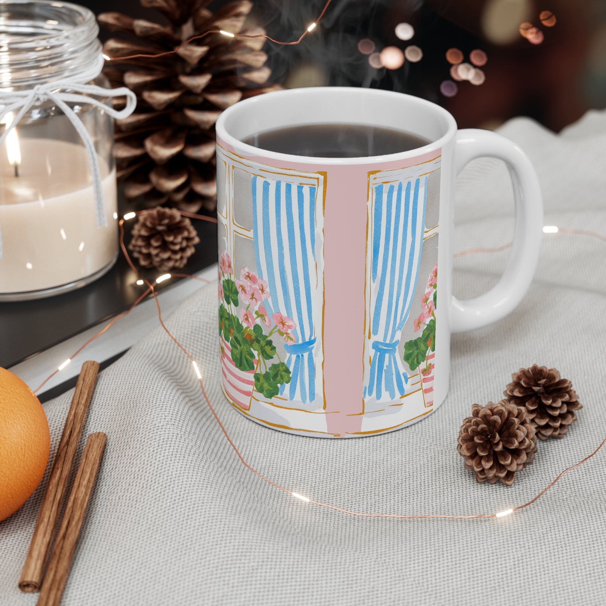 Floral Window Coffee Mug — Pink Geraniums & Blue Curtains (11oz/15oz)