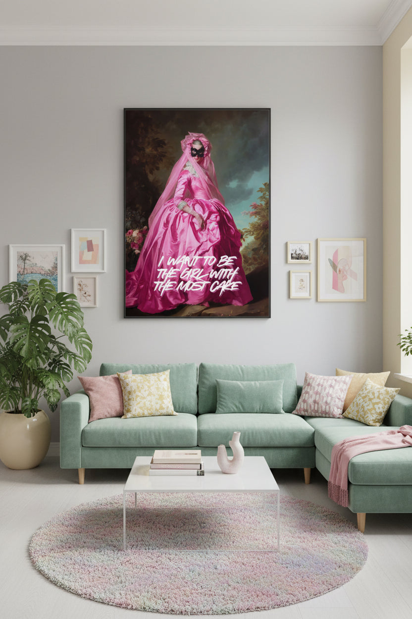 Person in a pink gown with a black mask against a classical painting background, with text 'I want to be the girl with the most cake'.
