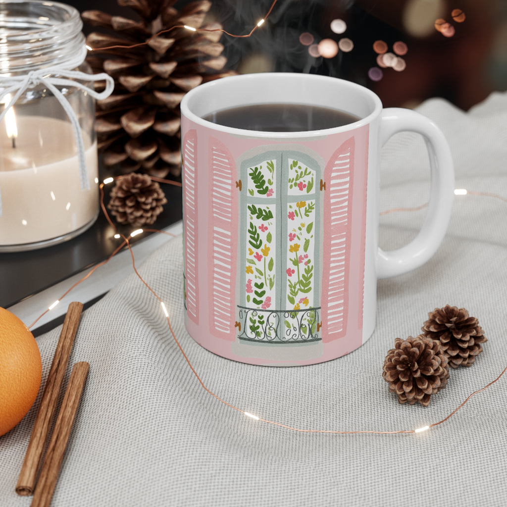 Pink Parisian Window Floral Mug — 11oz & 15oz Ceramic Coffee Cup