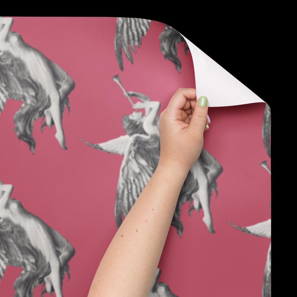 Vintage Cherub Wrapping Paper - Rose Pink Angel Design, Matte Finish (Set of 3 Sheets)