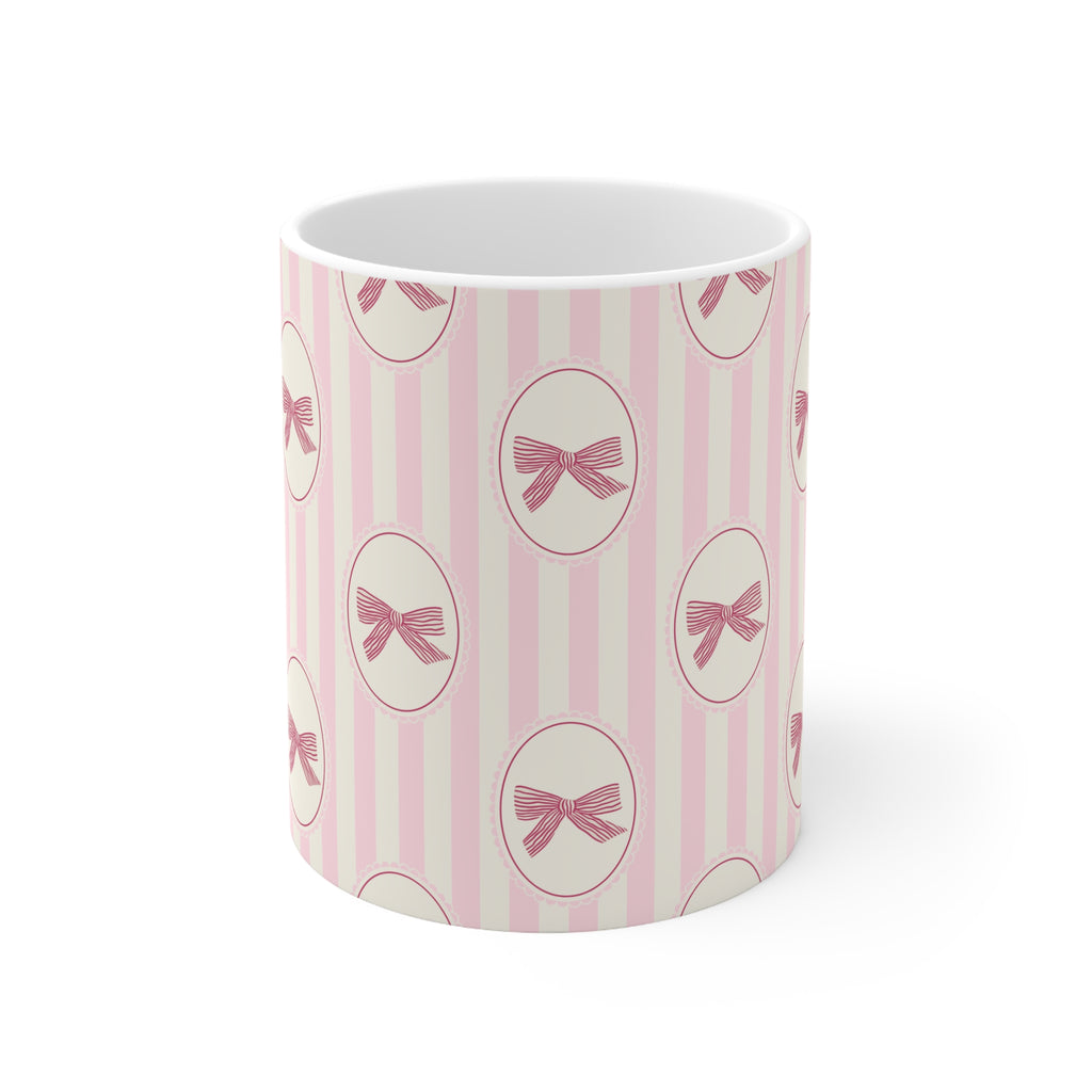 Pink Bow Pattern Mug — Cute Vintage Striped Ceramic Coffee Cup (11oz & 15oz)