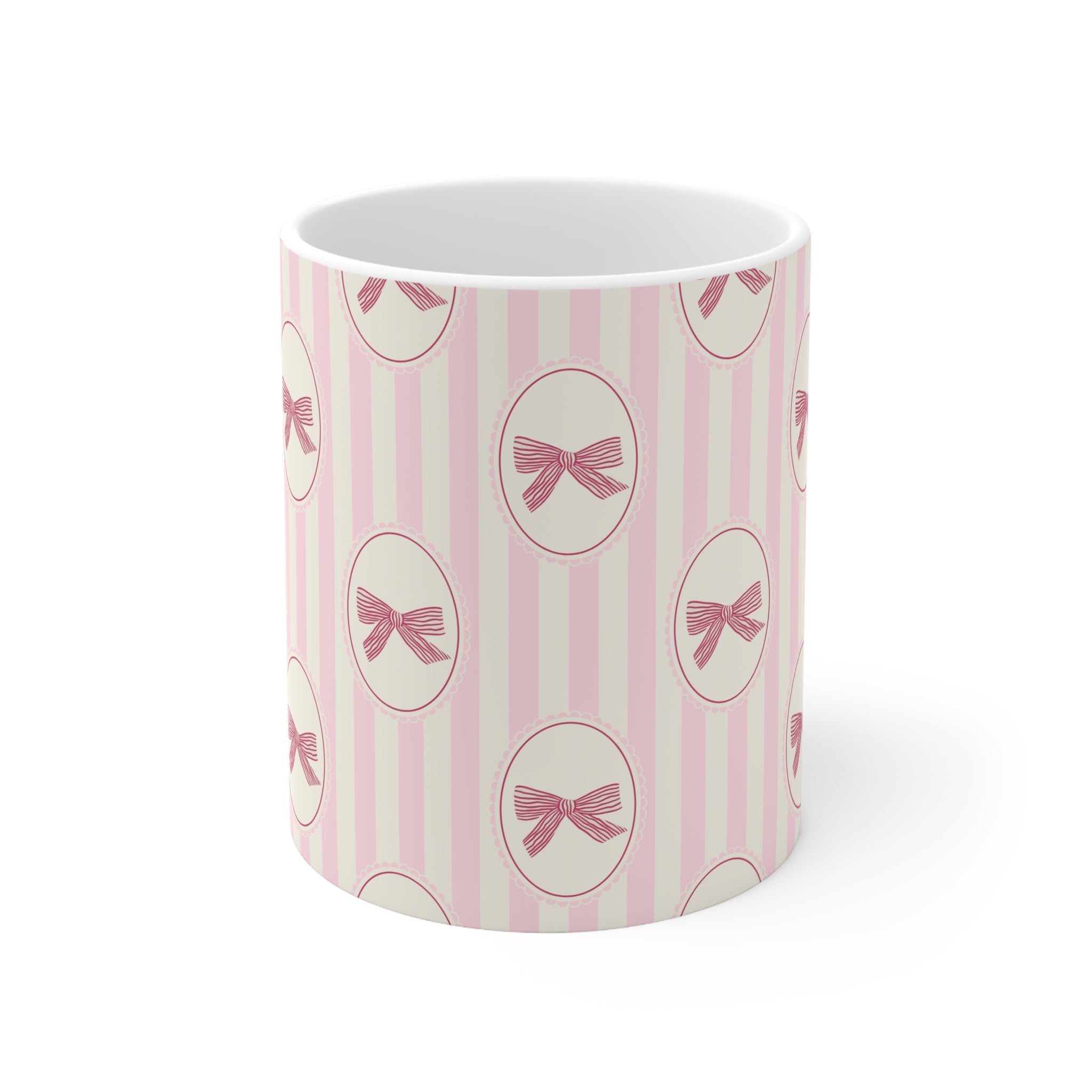 Pink Bow Pattern Mug — Cute Vintage Striped Ceramic Coffee Cup (11oz & 15oz)