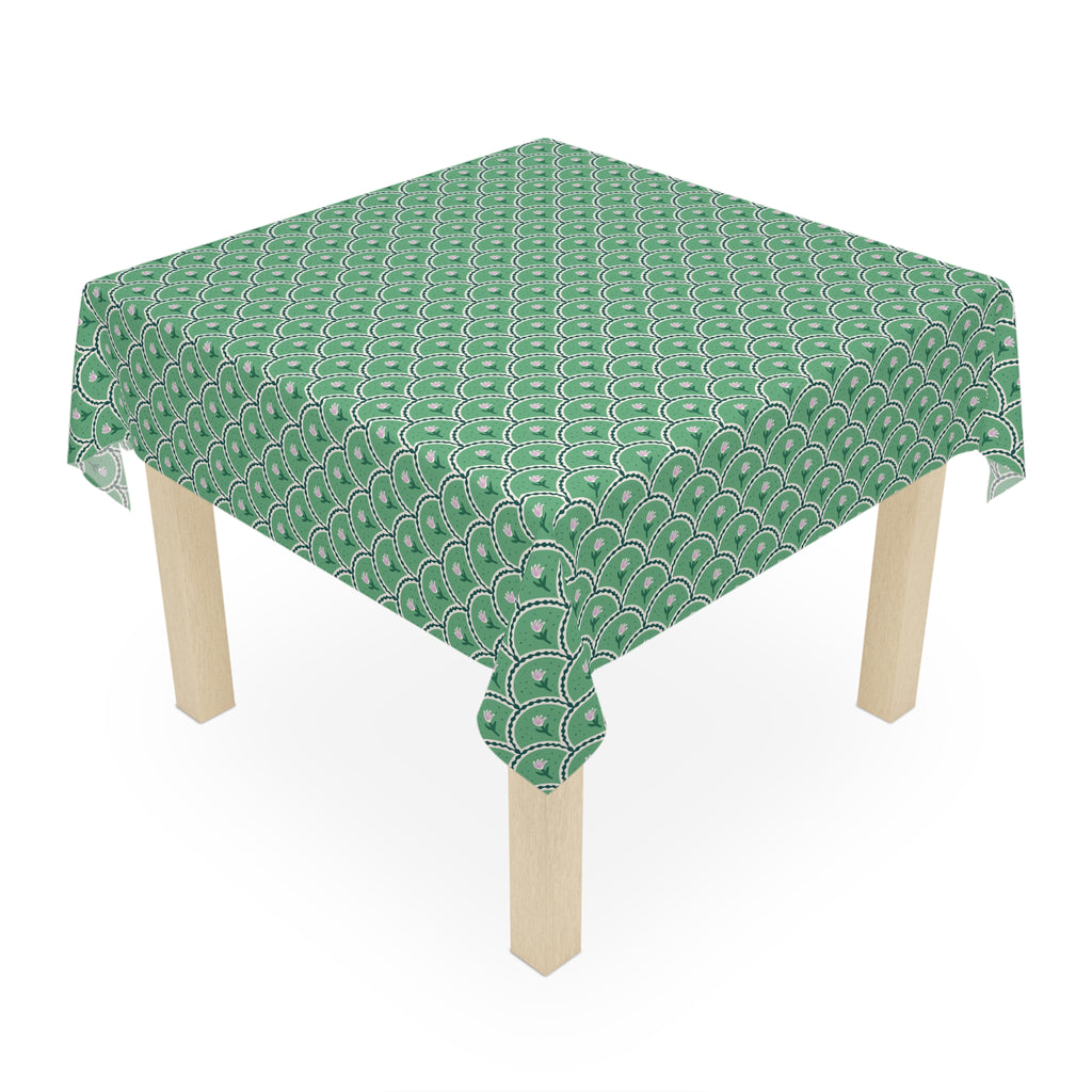 Green Scallop Pattern Tablecloth — Retro Art Deco Geometric Dining Linen