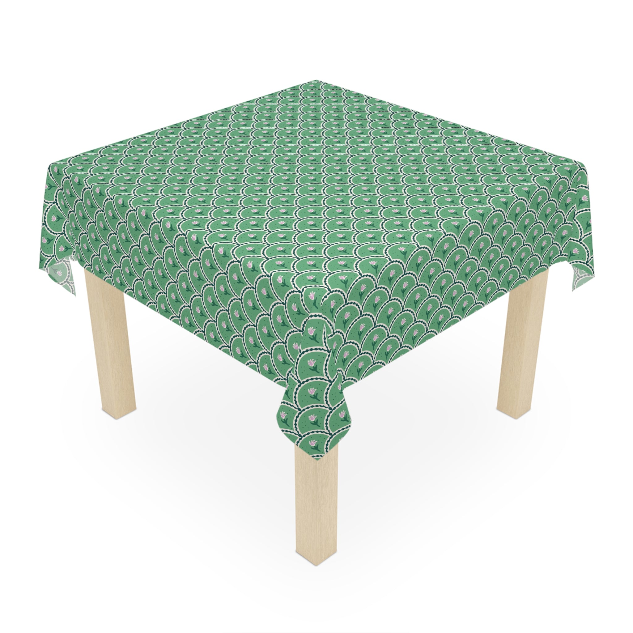 Green Scallop Pattern Tablecloth — Retro Art Deco Geometric Dining Linen