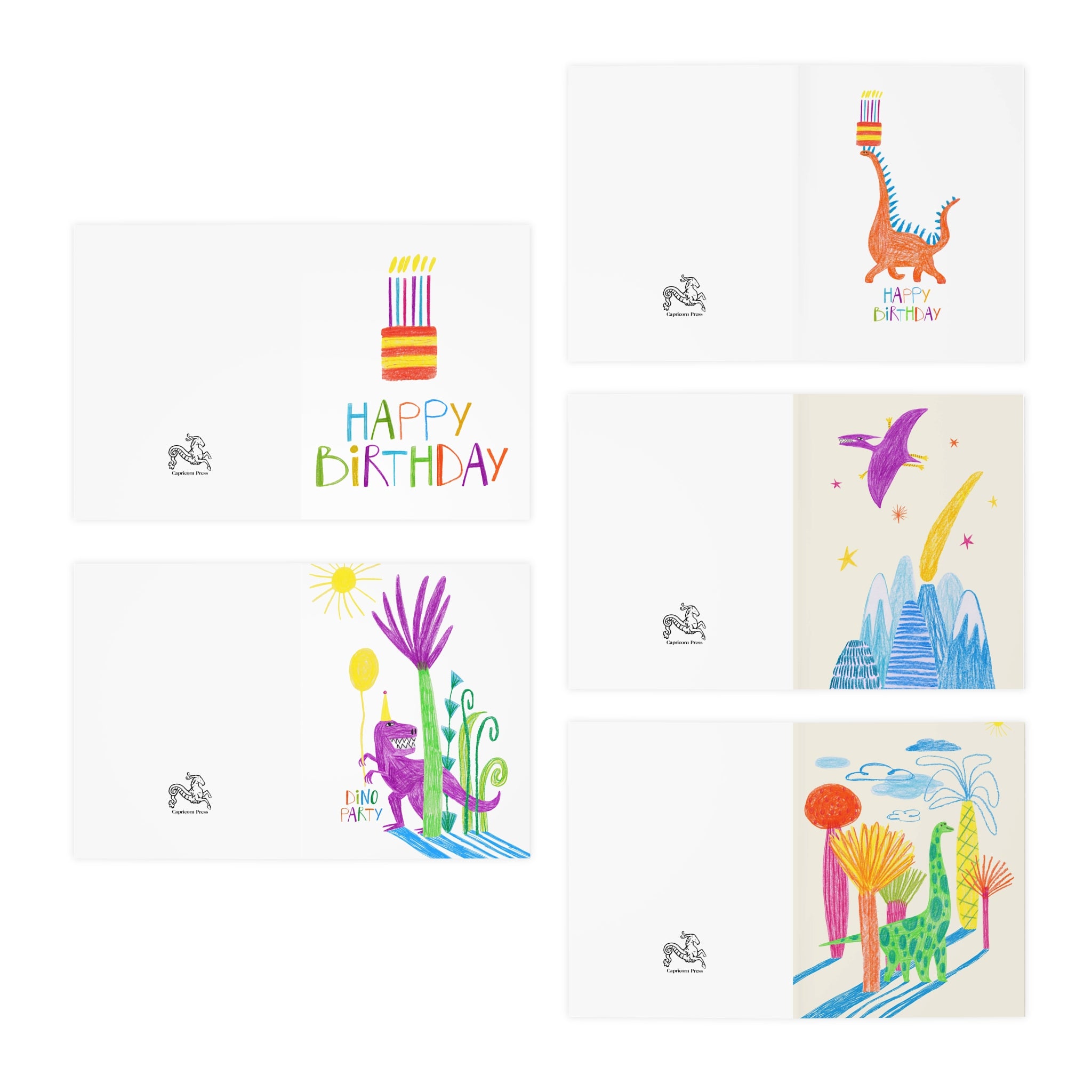 Whimsical Birthday Cards 5-Pack — Colorful Dino & Party Illustrations