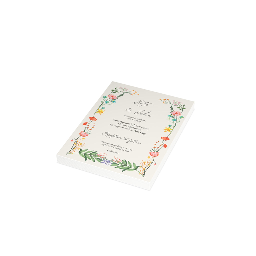 Colorful Botanical Wedding Invitation | Customizable Flat Card Pack (10, 30, 50 Count)