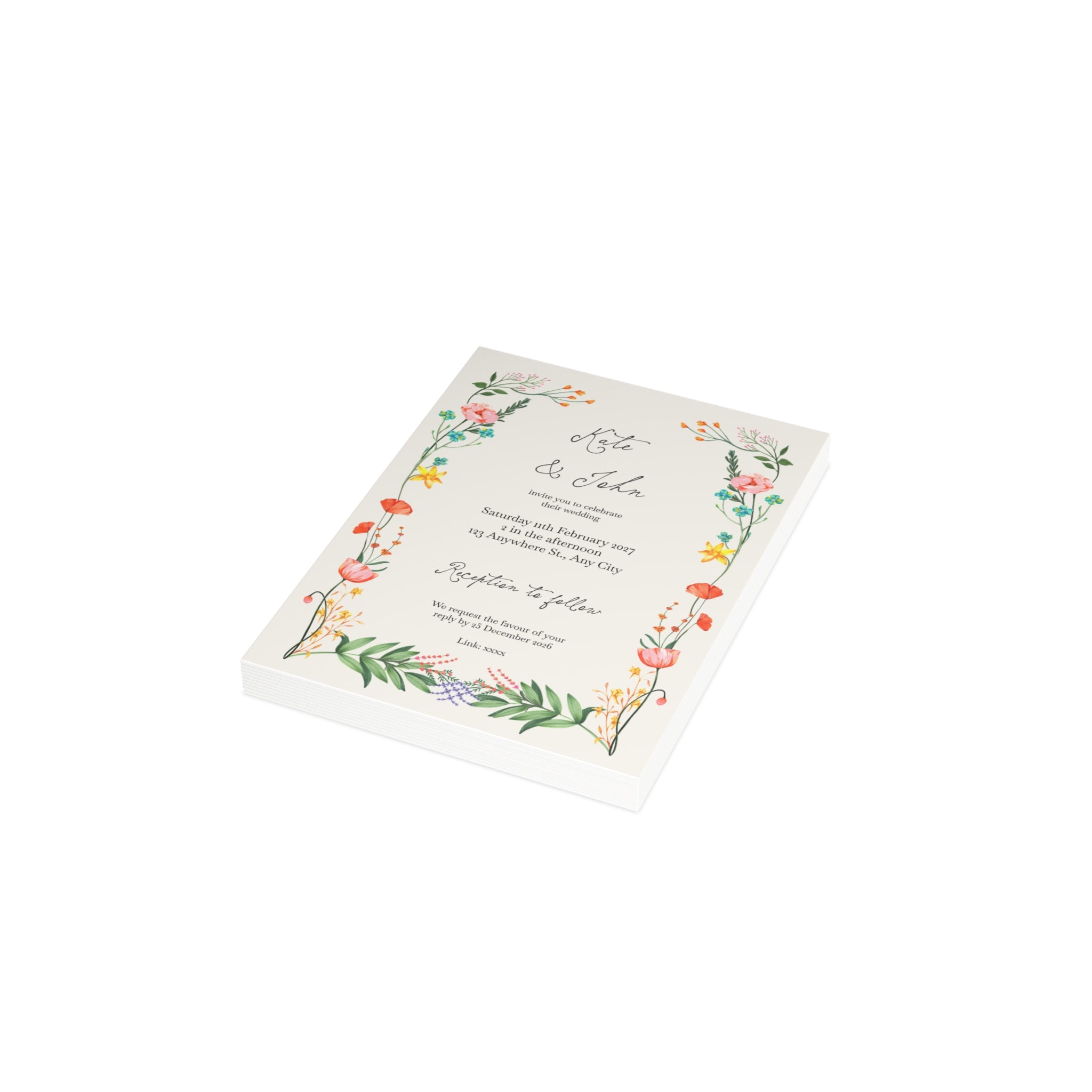 Colorful Botanical Wedding Invitation | Customizable Flat Card Pack (10, 30, 50 Count)