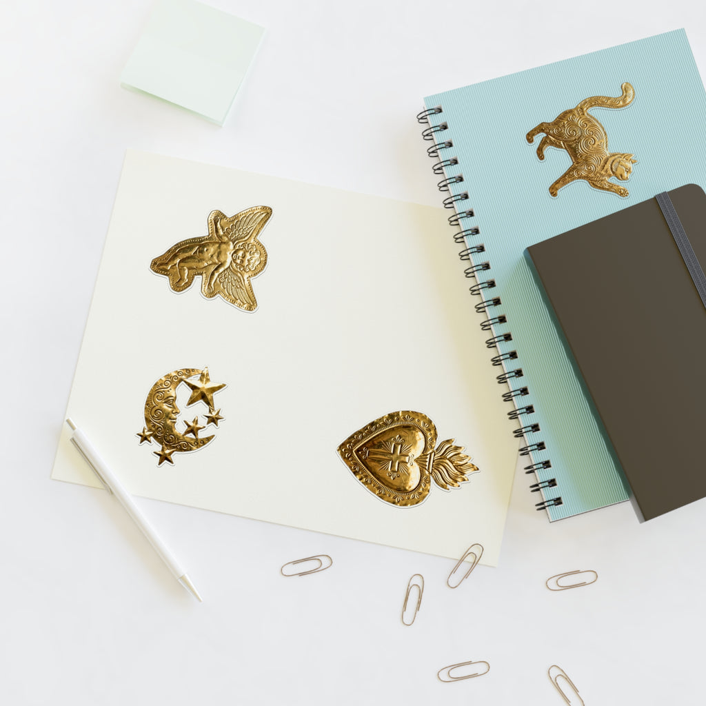 Gold Embossed Symbol Sticker Sheet — Moon, Heart, Angel & Cat Decorative Stickers