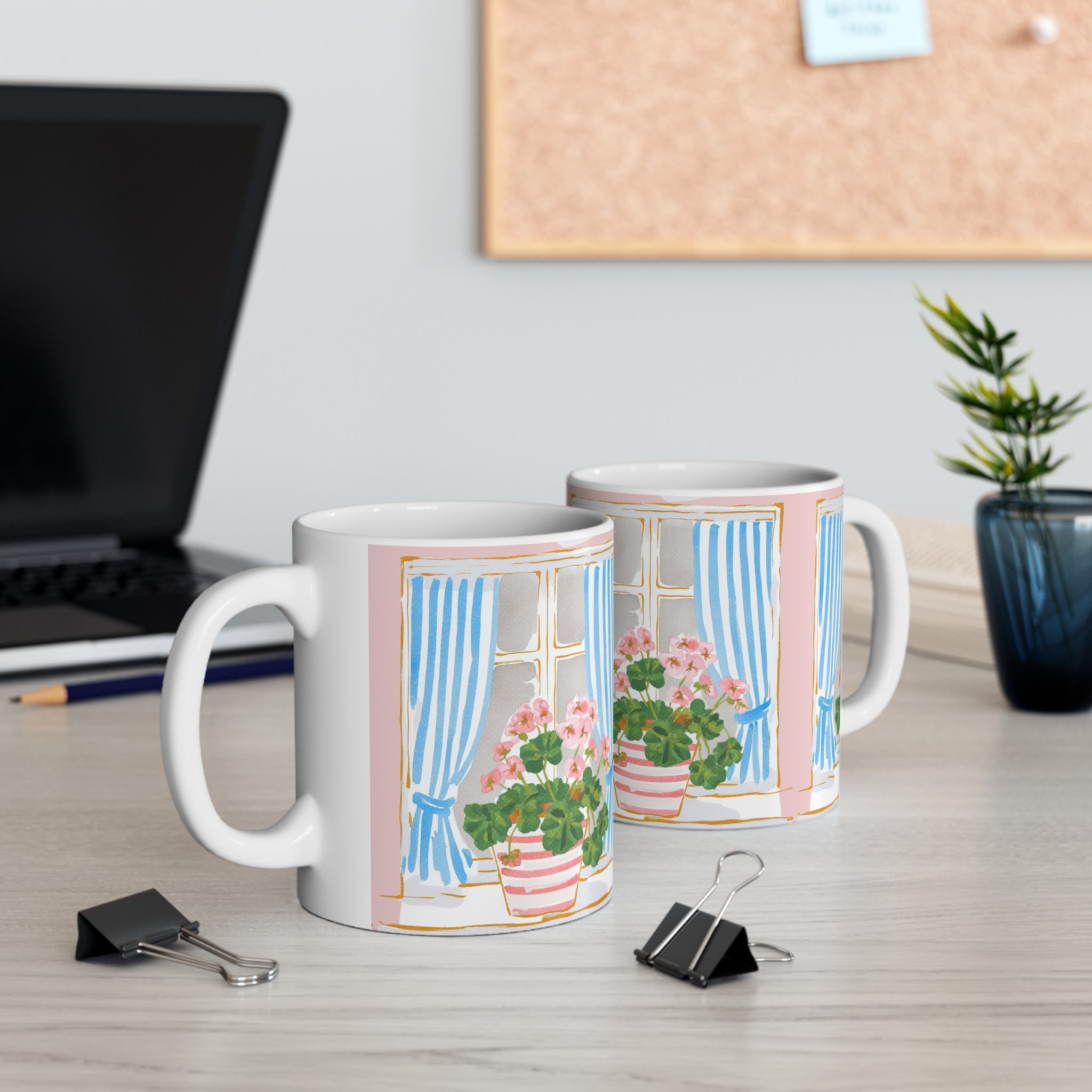 Floral Window Coffee Mug — Pink Geraniums & Blue Curtains (11oz/15oz)