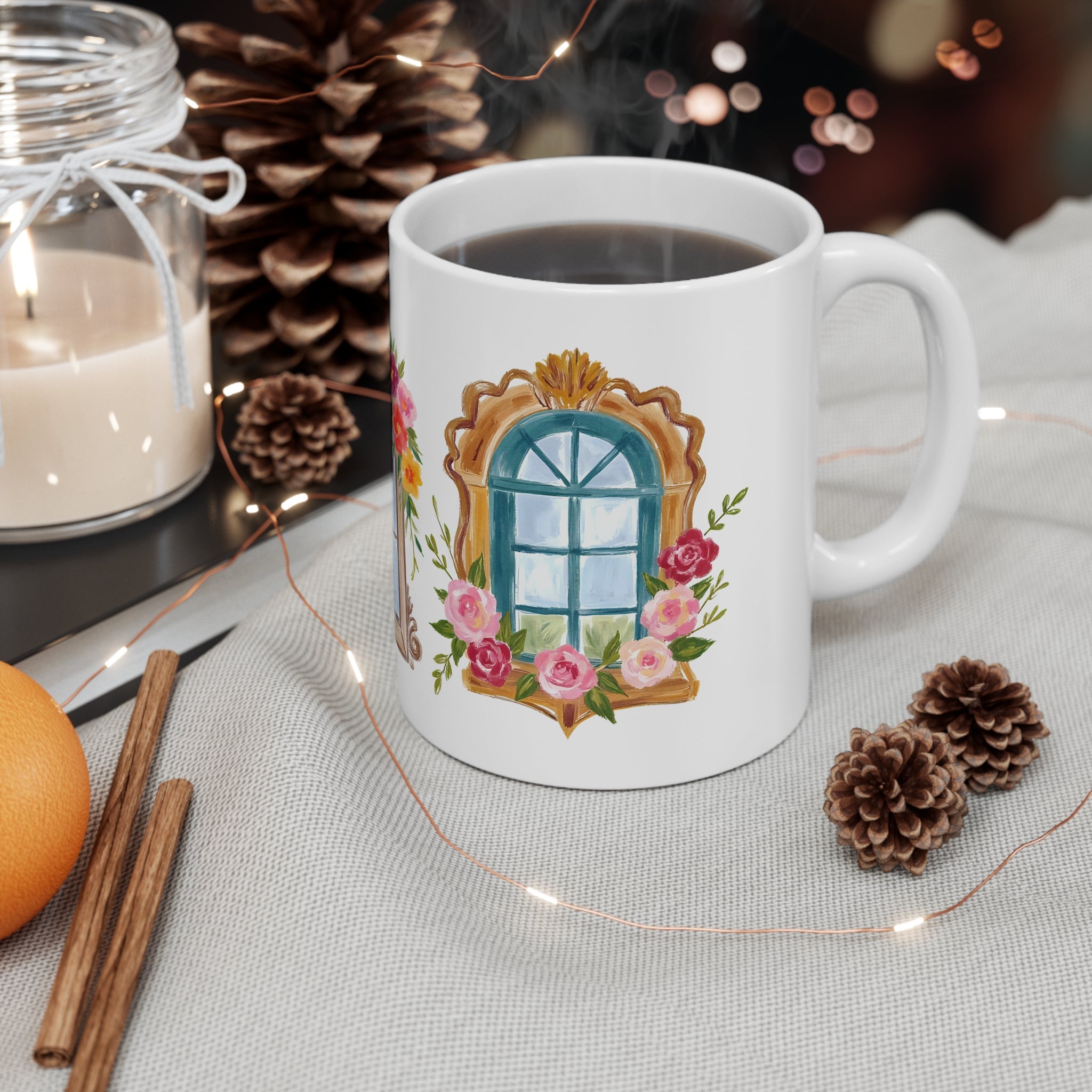 Floral Window Ceramic Mug — 11oz & 15oz Decorative Coffee Cup