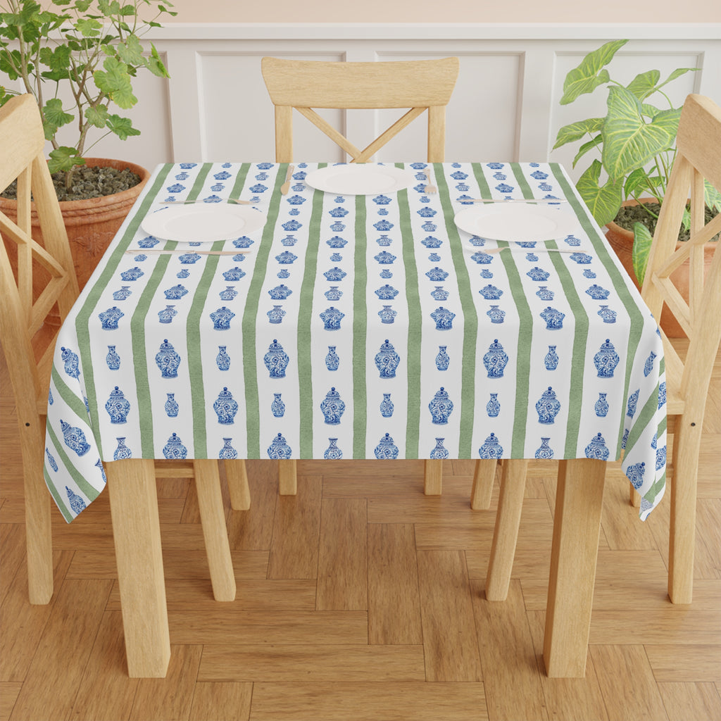 Chinoiserie Tablecloth | Blue Floral Stripe Dining Linen