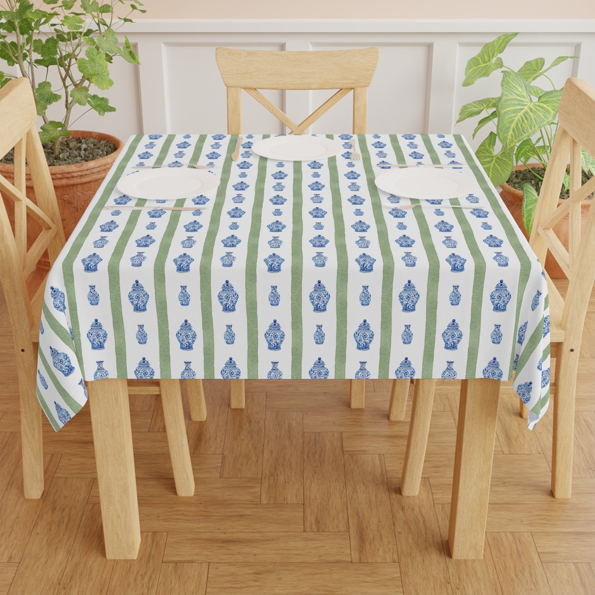 Chinoiserie Tablecloth | Blue Floral Stripe Dining Linen