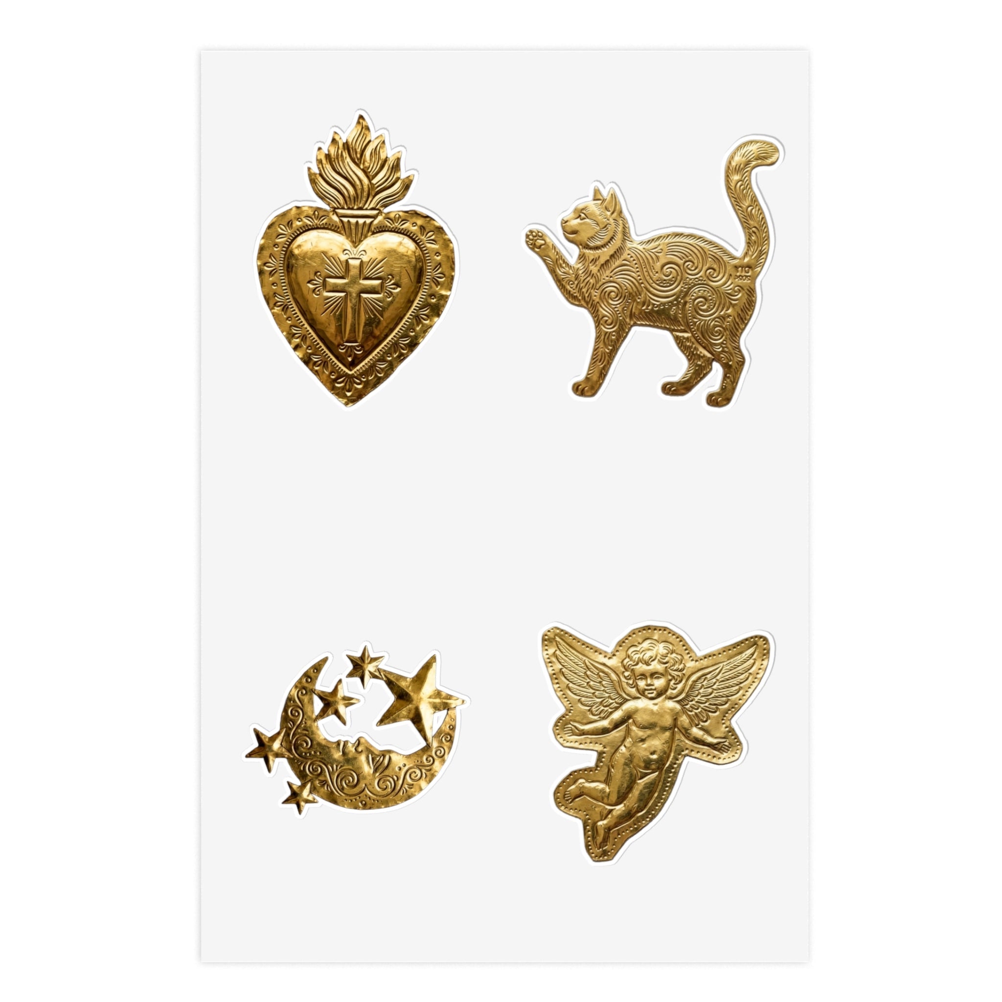 Gold Embossed Symbol Sticker Sheet — Moon, Heart, Angel & Cat Decorative Stickers