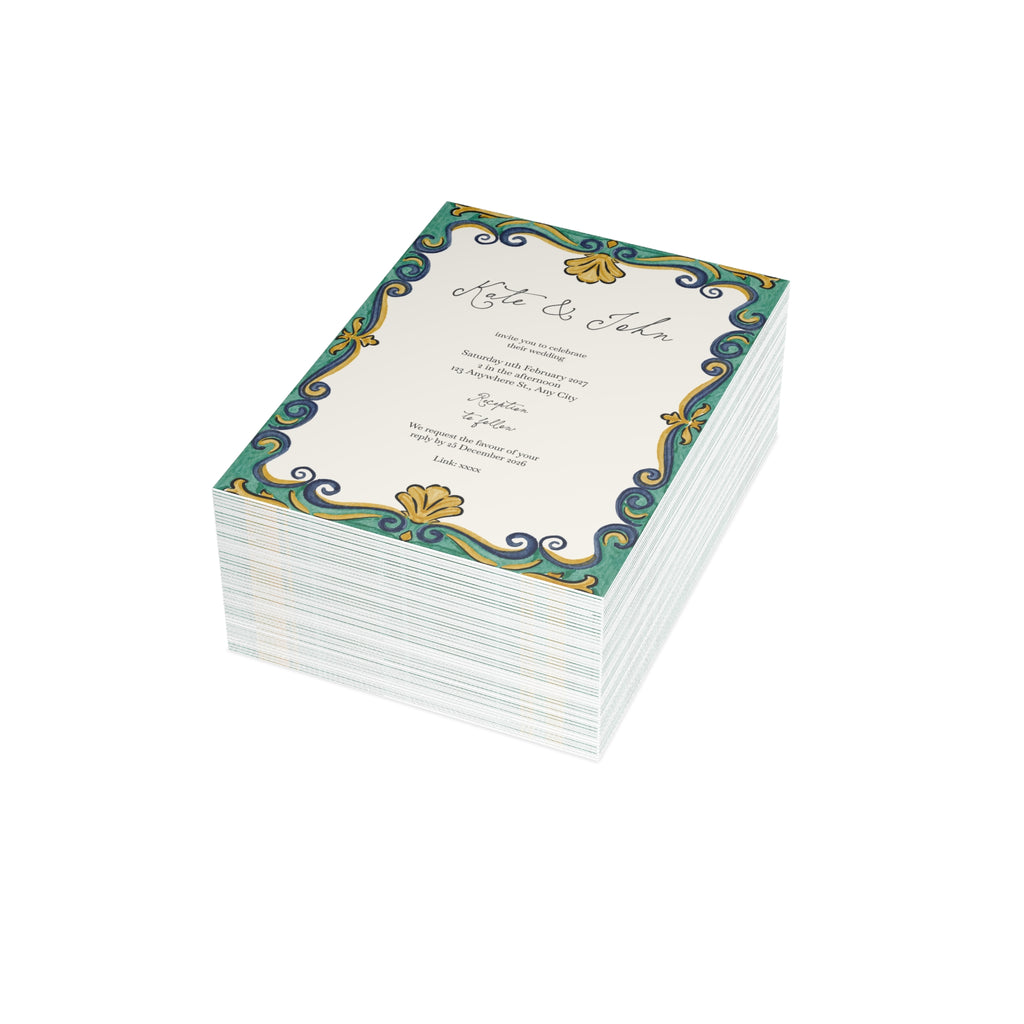 Rustic Watercolour Mediterranean Wedding Invitation | Customizable Flat Card Pack (10, 30, 50 Count)