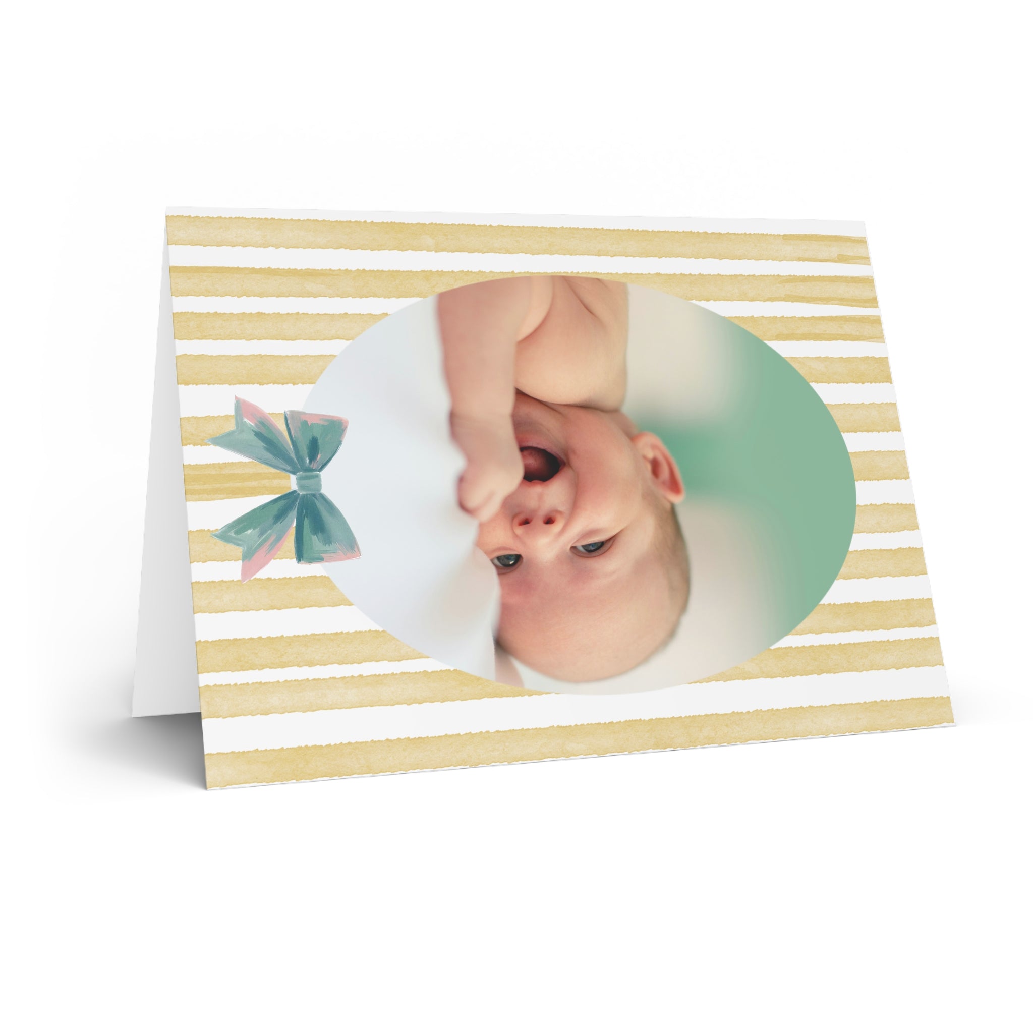 Custom Photo Birth Announcement Card - Watercolor Bow Detail