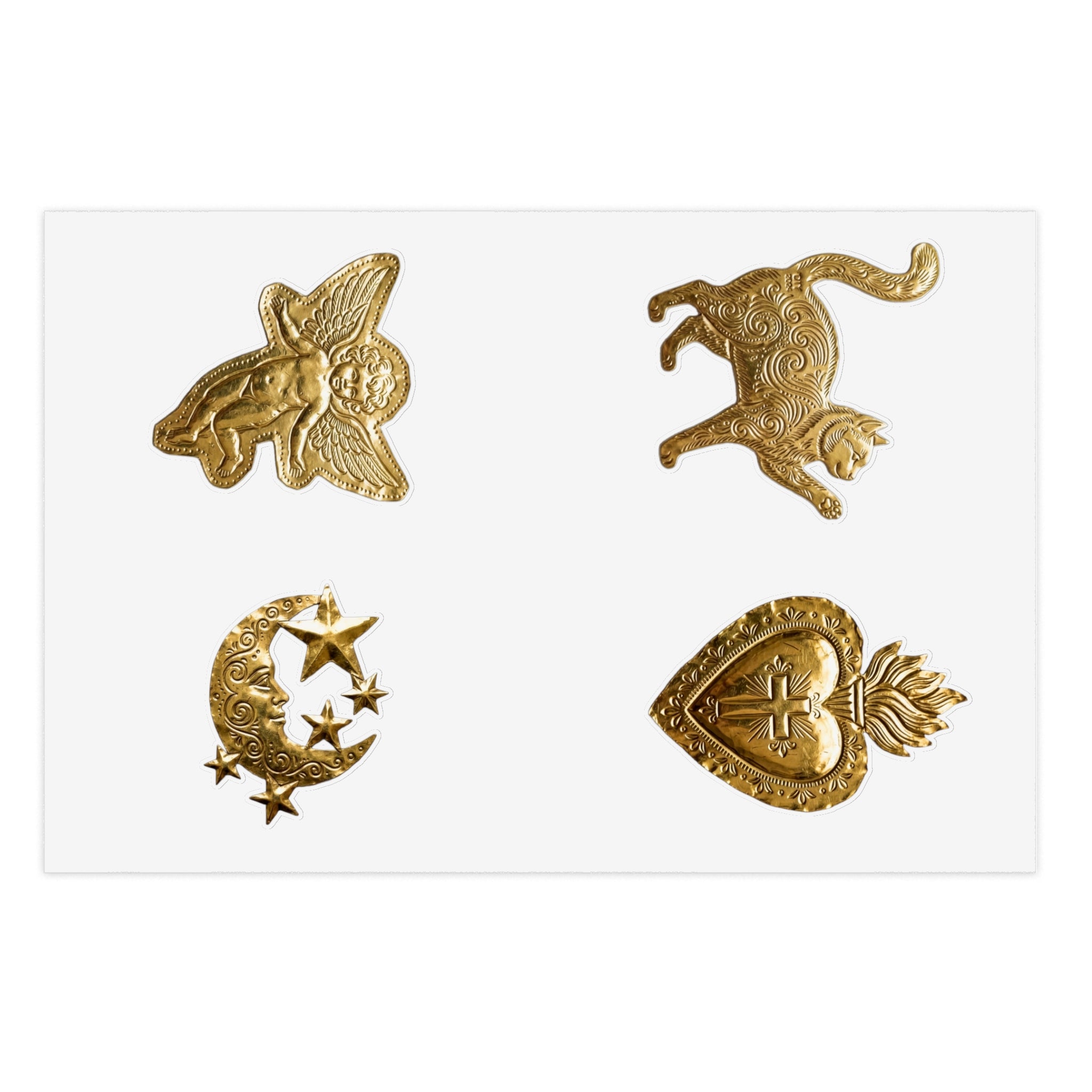 Gold Embossed Symbol Sticker Sheet — Moon, Heart, Angel & Cat Decorative Stickers