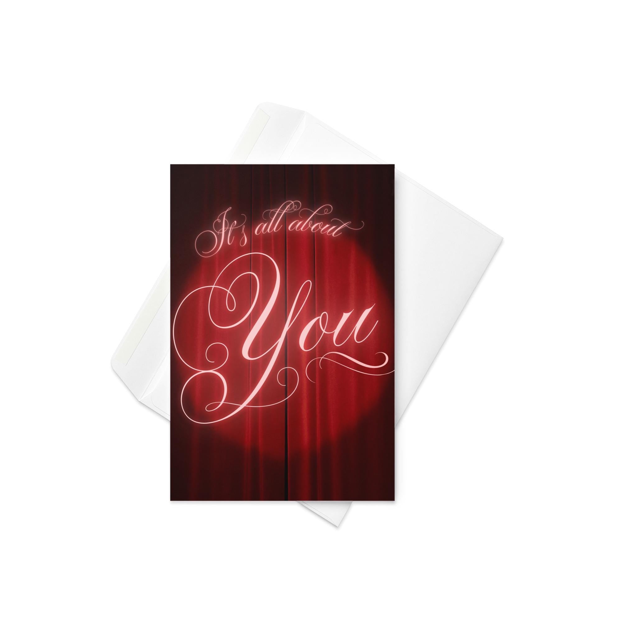 Theatrical Love Greeting Card – Red Velvet Curtain Romance Card