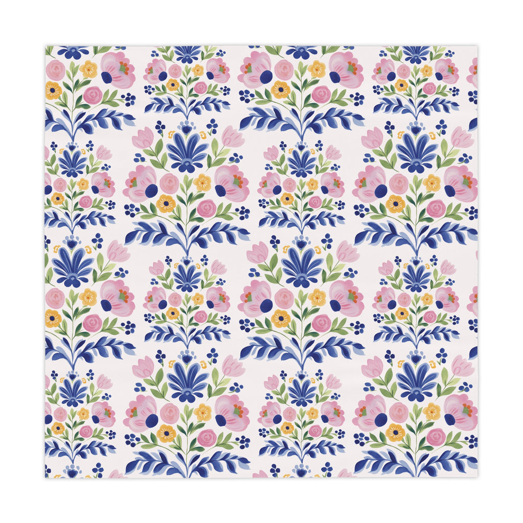 Floral Folk Art Tablecloth — Pink & Blue Garden Pattern
