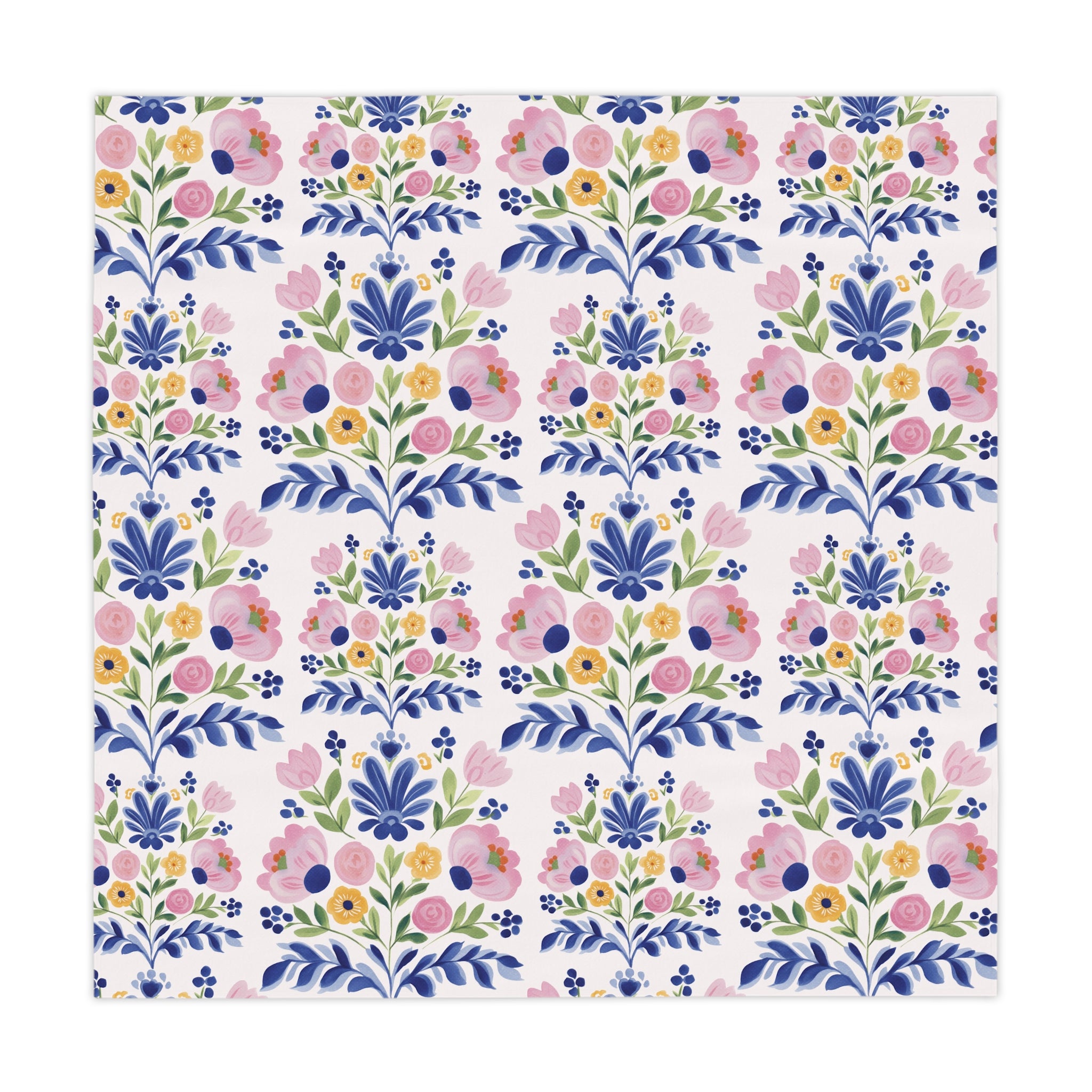 Floral Folk Art Tablecloth — Pink & Blue Garden Pattern