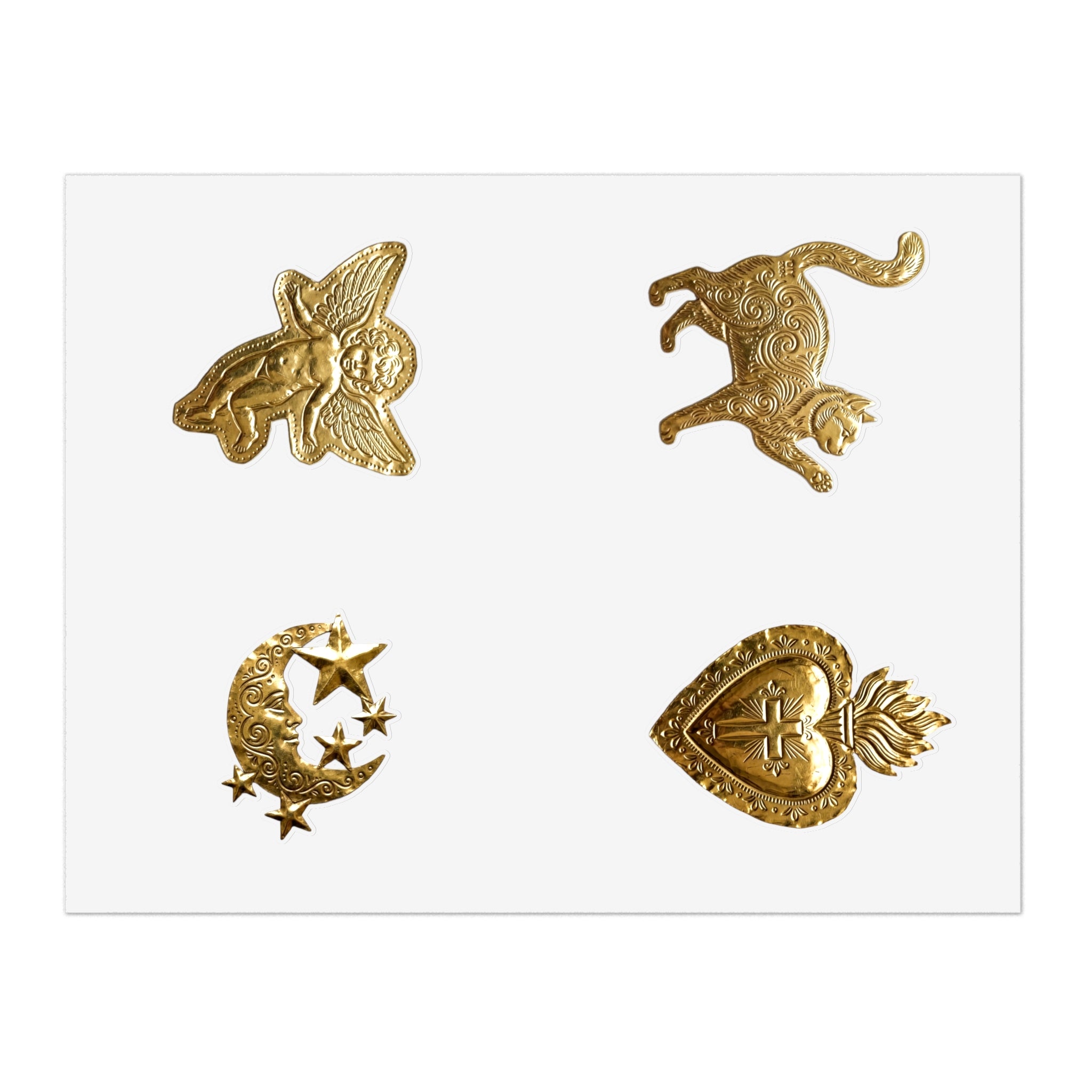 Gold Embossed Symbol Sticker Sheet — Moon, Heart, Angel & Cat Decorative Stickers