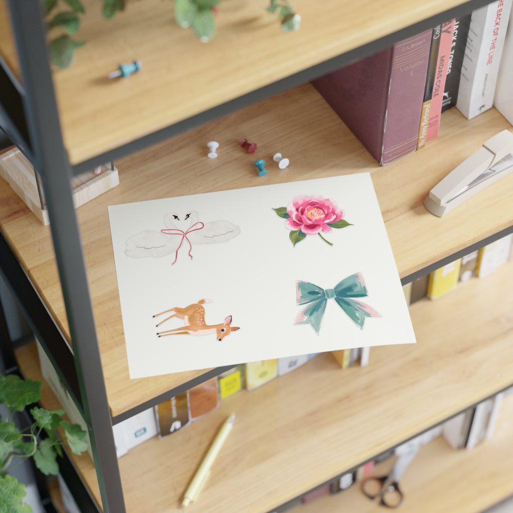Sticker Sheets — Watercolor Deer, Peony, Swan Hearts & Pastel Bow Set