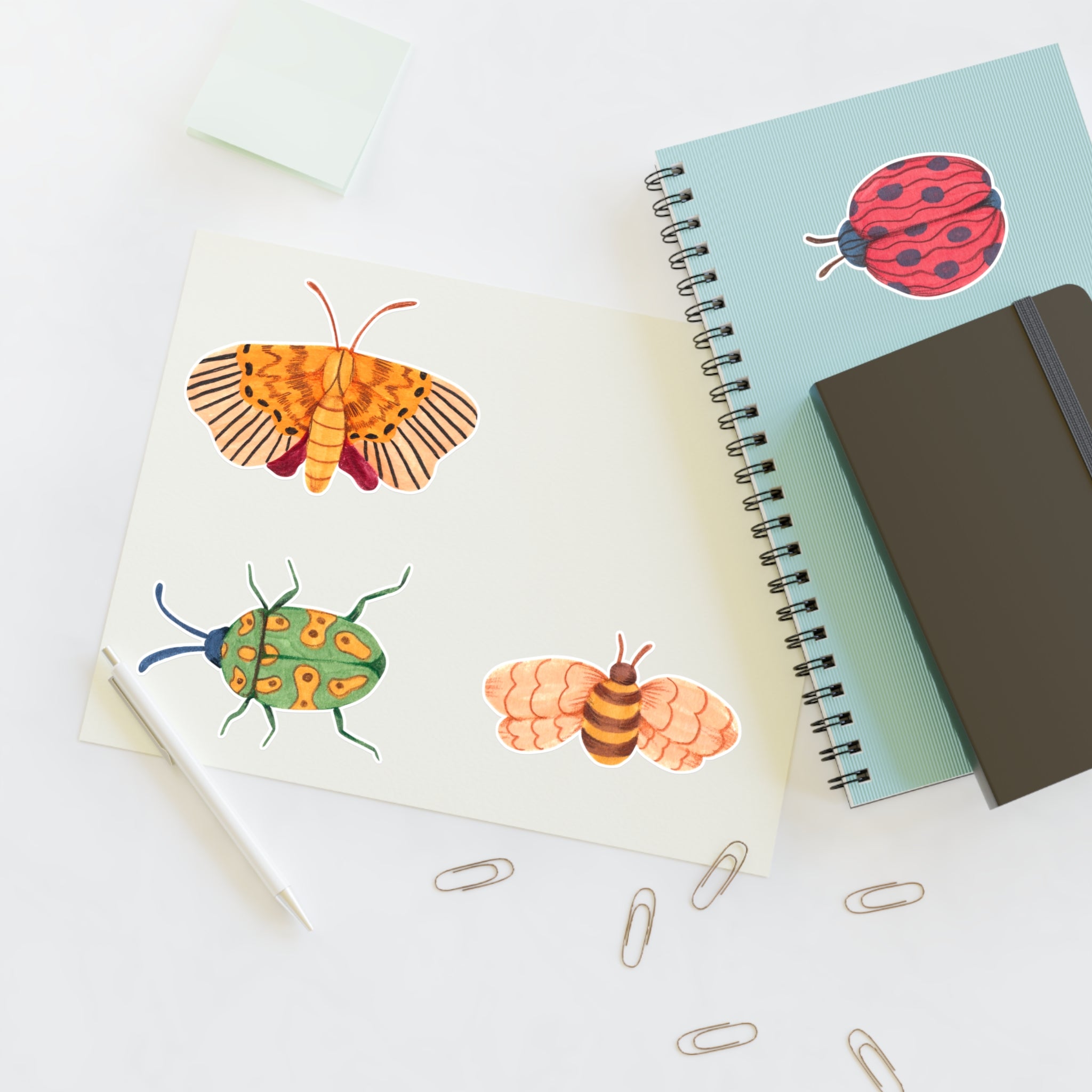 Whimsical Insect Sticker Sheet — Colorful Beetle, Ladybug, Moth & Bee Decals